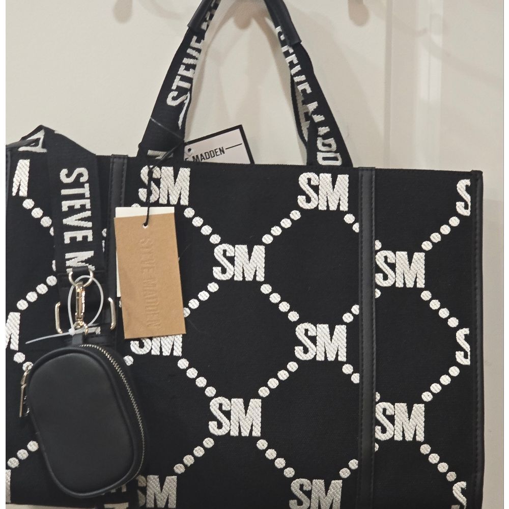 Steve Madden BSantam SM Diagonal Logo Canvas Tote Bag- Blaxk/White - Picture 4 of 13